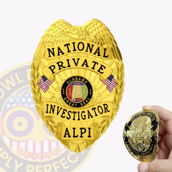 An artistic portrayal of a custom flex badge in gold color with a velcro attachment, featuring "NATIONAL PRIVATE INVESTIGATOR" at its center. The badge's intricate details include a majestic eagle and the Alabama state seal, symbolizing authority and expertise in private investigation.