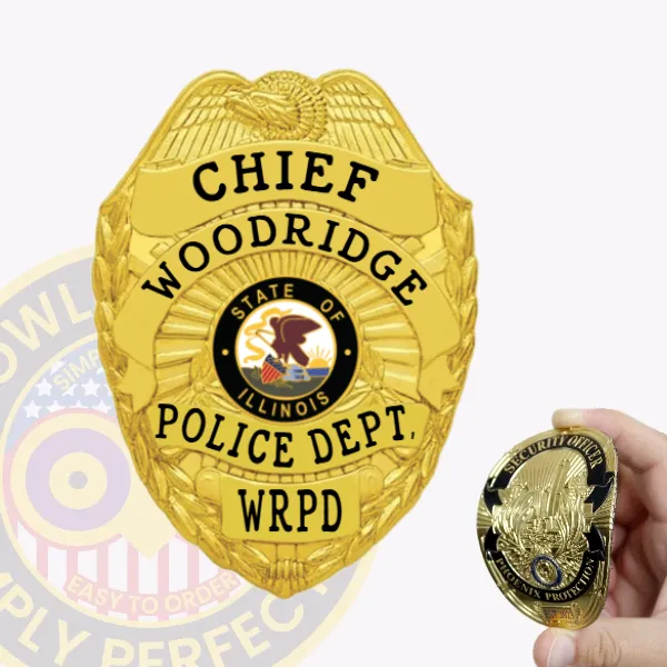 Gold flex badge for Woodridge Police Chief with a large eagle emblem on top, black engraved text “CHIEF WOODRIDGE POLICE DEPT. WRPD,” featuring the Illinois state seal in the center and Velcro attachment for easy wear.