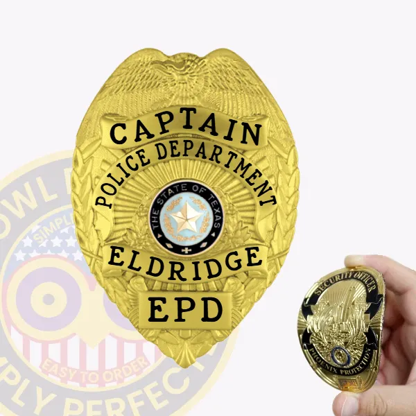 Custom gold eagle top flex badge for Eldridge Police Captain, featuring a detailed gold eagle at the top, black text reading "CAPTAIN POLICE DEPARTMENT ELDRIDGE EPD," with the Texas state seal in the center and Velcro attachment on the back.