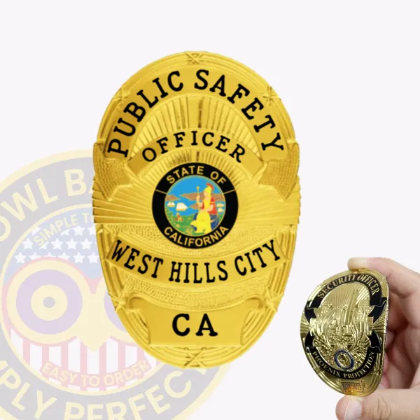 This custom flex badge in gold color with a velcro attachment prominently features "PUBLIC SAFETY," "OFFICER," and "WEST HILLS CITY." The badge showcases a vibrant central emblem depicting the California state seal, framed by detailed golden accents.