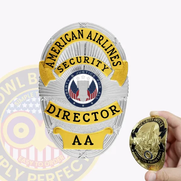 Stylish silver flex badge adorned with striking gold panels, showcasing the inscription "AMERICAN AIRLINES SECURITY DIRECTOR AA" above a detailed emblem. The safety pin attachment makes it practical for daily use, ensuring it stays securely fastened. This custom flex badge in silver color with gold panels and safety pin attachment combines elegance with functionality for security personnel.