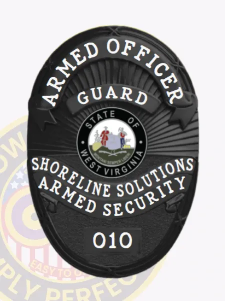 This custom metal badge for armed security features a sleek black finish in an oval shape. At the top, the title "ARMED OFFICER" is prominently displayed in bold white lettering. Below that, the word "GUARD" is included in a slightly smaller font. The center showcases the state seal of West Virginia, encircled by the text "SHORELINE SOLUTIONS ARMED SECURITY." The badge is marked with the number "010" at the bottom and includes a safety pin attachment for secure wear.