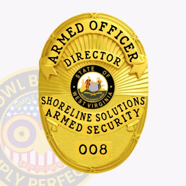 The custom metal badge for armed security gleams in gold, with "ARMED OFFICER" boldly displayed at the top and "DIRECTOR" just below it. At the center, a circular emblem symbolizes West Virginia, accompanied by "SHORELINE SOLUTIONS ARMED SECURITY" and the number "008." The badge includes a safety pin attachment for convenient wearing.