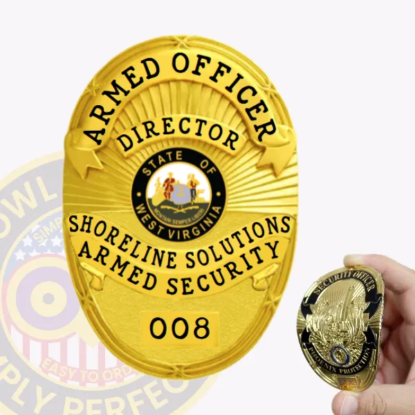 This detailed view shows a custom flex badge for armed security in an eye-catching gold color, shaped in an oval. The title "ARMED OFFICER" is clearly displayed at the top in bold lettering, with "DIRECTOR" right below it. The center contains the West Virginia state seal surrounded by "SHORELINE SOLUTIONS ARMED SECURITY," along with the number "008" at the base. A reliable velcro attachment ensures ease of use when wearing the badge.