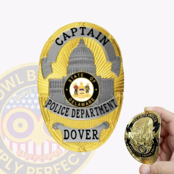 Custom gold oval flex badge featuring the Capitol building at the center, engraved with "CAPTAIN" at the top, "POLICE DEPARTMENT" in the middle, and "DOVER" at the bottom, designed for Dover Police with a velcro attachment for easy wear.