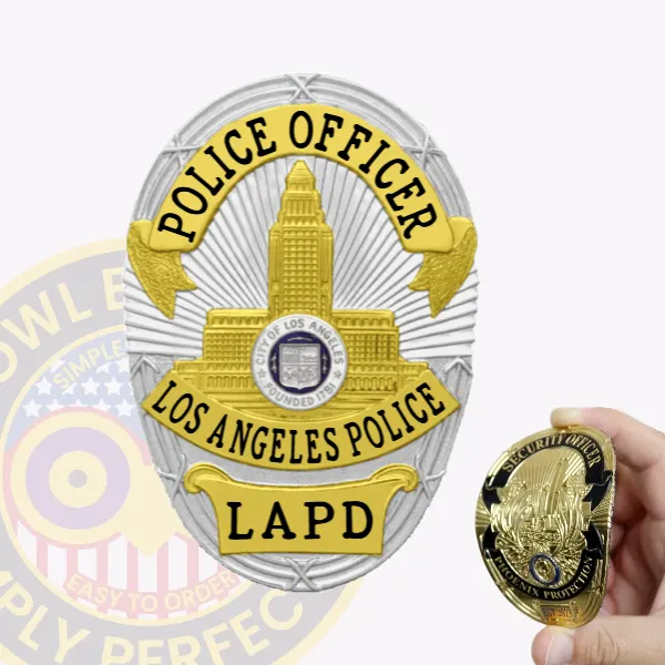 Custom oval flex badge for Los Angeles police featuring a silver background with a gold city hall emblem in the center, topped with black text reading POLICE OFFICER and LOS ANGELES POLICE, and a yellow banner at the bottom displaying LAPD, designed with velcro attachment for easy wear.