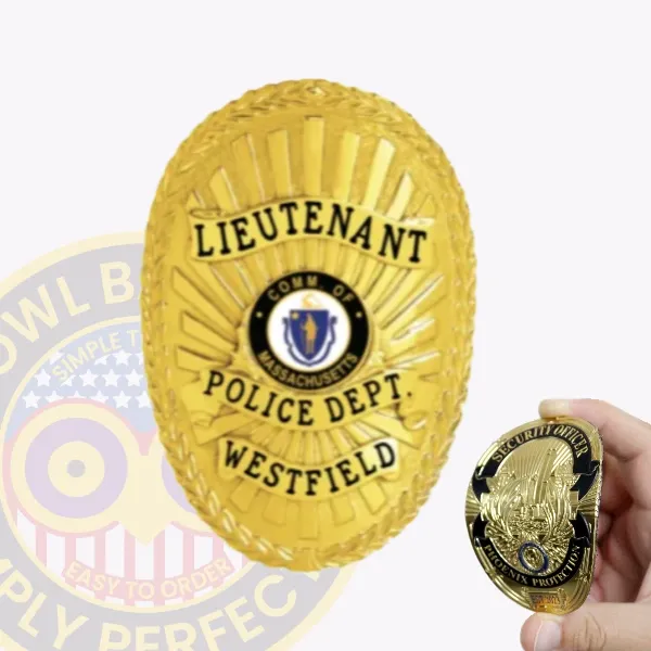 Westfield Police Department gold oval flex badge for lieutenant, decorated with a detailed gold laurel wreath border and radiant sunray background, black uppercase text on gold banners for "LIEUTENANT," "POLICE DEPT.," and "WESTFIELD," featuring the Massachusetts state seal in the middle.