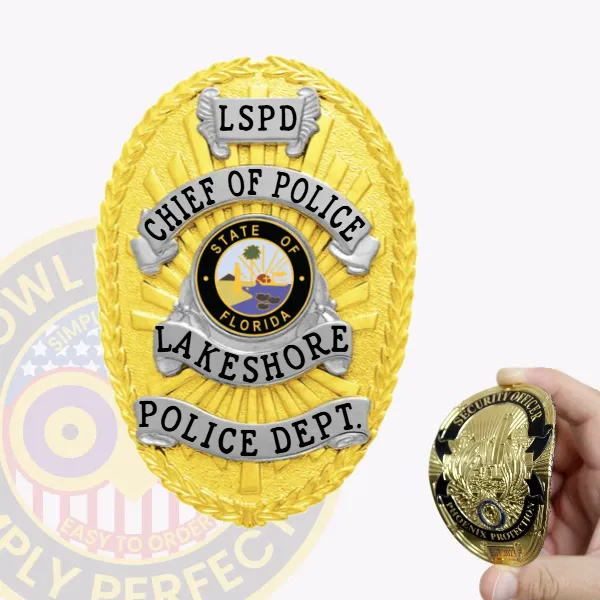 Custom police flex badge in gold oval shape for Lakeshore chief of police, decorated with embossed laurel wreath in gold, silver banners featuring black lettering for "LSPD," "CHIEF OF POLICE," "LAKESHORE," and "POLICE DEPT.," centered around the Florida state emblem.