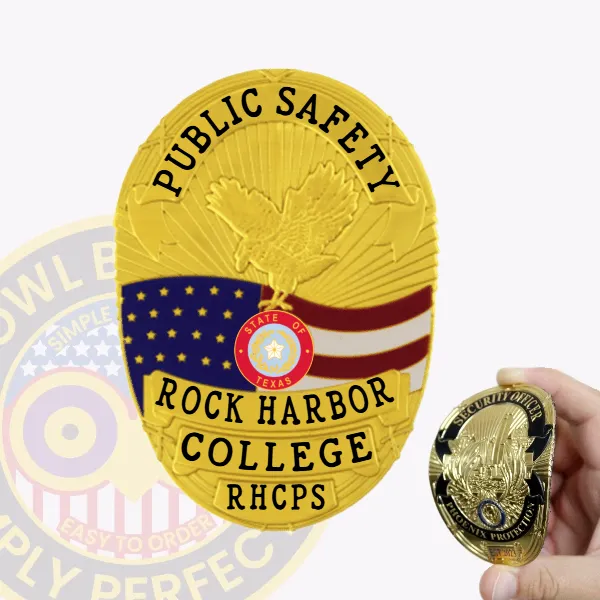 Featuring a detailed custom flex badge in gold color with a secure velcro attachment, this badge reads "PUBLIC SAFETY" at the top. The design incorporates an eagle and flags, representing both national and state pride, along with "ROCK HARBOR COLLEGE," reinforcing its commitment to campus safety.