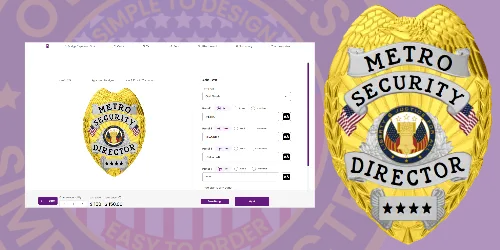 An image showcasing a Metro Security Director badge alongside a digital design interface displayed on the left against a purple background. The badge features a vibrant gold color with the title 'Metro Security Director' prominently displayed, intricate detailing, and emblems that signify authority. The design interface includes options for customization, illustrating badge design principles such as color selection, layout, and emblem placement. This image highlights the key principles involved in creating effective security badge designs.