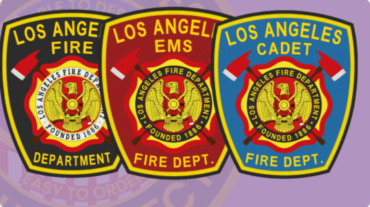 An image displaying three custom embroidered patches for police and public safety, showcasing vibrant designs. The patches feature 'LOS ANGELES FIRE DEPARTMENT' prominently, with one in red for the fire department, a second in red for EMS, and a blue patch labeled 'LOS ANGELES CADET.' Each patch includes detailed artwork with an eagle emblem and crossed axes, emphasizing the dedication and service of law enforcement and emergency services. This visual highlights the quality and customization options available for embroidered patches tailored for police and public safety professionals.