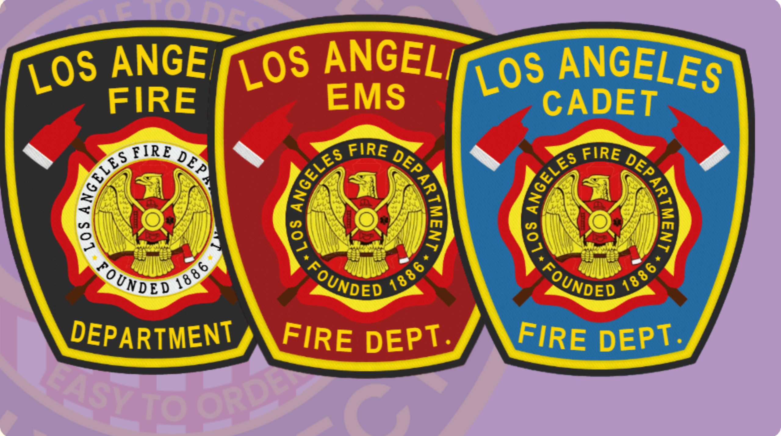 An image displaying three custom embroidered patches for police and public safety, showcasing vibrant designs. The patches feature 'los angeles fire department' prominently, with one in red for the fire department, a second in red for ems, and a blue patch labeled 'los angeles cadet. ' each patch includes detailed artwork with an eagle emblem and crossed axes, emphasizing the dedication and service of law enforcement and emergency services. This visual highlights the quality and customization options available for embroidered patches tailored for police and public safety professionals.