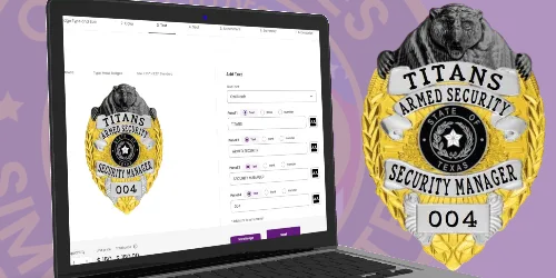 A close-up of a laptop screen showcasing an interface for customizing and personalizing armed security badges. The displayed badge features a bear emblem and the text "TITANS ARMED SECURITY" at the top, with "SECURITY MANAGER" at the bottom and the unique identifier "004." The user can input various options for colors and styles on the left side, allowing for tailored designs that reflect the individual’s role in security. The vibrant purple background enhances the badge's details, emphasizing the importance of personalization in armed security identification