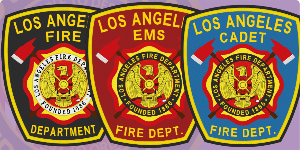 Three custom fire department patches displayed in vibrant colors: the first patch features 'LOS ANGELES FIRE DEPARTMENT' with a bold emblem, the second patch reads 'LOS ANGELES EMS' adorned with a central fire department symbol, and the third patch states 'LOS ANGELES CADET FIRE DEPT.' Each patch showcases detailed designs, highlighting the dedication to fire service. This image illustrates how to buy custom fire department patches and design, create, build, and order fire department patches online.