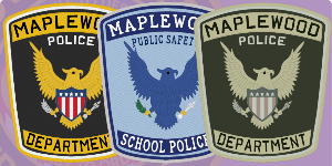Three custom police patches displayed in distinct designs: the first patch features 'MAPLEWOOD POLICE DEPARTMENT' with an eagle and a shield emblem, the second patch reads 'MAPLEWOOD SCHOOL POLICE' with a blue background and a prominent eagle, and the third patch states 'MAPLEWOOD POLICE DEPARTMENT' in a muted green color, also showcasing an eagle design. Each patch highlights the commitment to public safety. This image illustrates how to buy custom police patches and design, create, build, and order police patches online.
