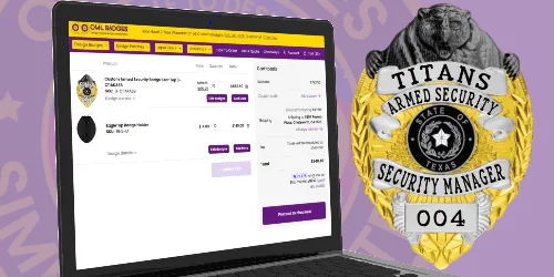 A laptop screen displaying an online shopping interface for buying and ordering armed security badges. The interface shows a detailed list of products, including a customizable badge with the text "TITANS ARMED SECURITY" and the identification number "004." The badge is prominently featured alongside pricing information and options to adjust quantities. The backdrop is vibrant purple, enhancing the visibility of the badge design and making it easy for users to navigate the ordering process for personalized security badges