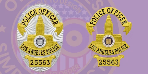 A side-by-side comparison of two custom police badges. The left badge, oval-shaped, features intricate silver detailing with "POLICE OFFICER" and "LOS ANGELES POLICE" prominently displayed, along with the badge number 25563. The right badge, circular and gold, showcases a similar design but with a bolder aesthetic. This image highlights various "Custom Police Badges Design Elements," emphasizing style and personalization.