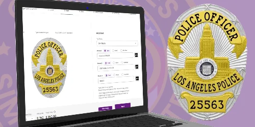A close-up view of a custom police badge alongside a design template. The badge features intricate gold detailing, symbolizing authority and service. The template on the screen outlines various design principles for creating custom police badges, including layout and personalization options. This image exemplifies "Custom Police Badges Design Principles."
