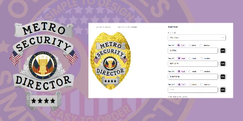 An image depicting a digital shopping cart interface for placing your order, featuring three security badges. The display shows a gold badge labeled 'Custom Badge Type 1' priced at $99.95, a silver badge labeled 'Custom Badge Type 2' priced at $72.95, and another silver badge labeled 'Custom Badge Type 3' priced at $62.95. Each item includes options to adjust quantity and buttons for adding to the cart. The right side of the interface summarizes the cart totals, emphasizing the steps involved in placing your order for personalized security badges.