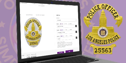 A laptop screen displaying an online form for preparing police badge details for ordering. The interface shows a vibrant gold badge labeled "POLICE OFFICER" with the number 25563, alongside fields for customization options like text and design elements. The form highlights the specifics needed to complete the order process. This image captures the essence of “Preparing police badges details for ordering,” emphasizing user-friendly design and personalization.