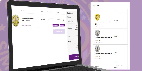 A laptop screen showcasing an online order system for police badges. The screen displays product details, including a gold badge labeled "Police Officer" with pricing information, alongside options for various styles. On the right side, a summary of recent orders lists multiple badge options with prices. This image highlights the “Production time and delivery of police badges,” emphasizing the online ordering process and logistics involved.