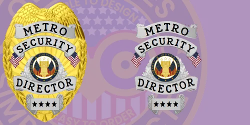 Two Metro Security Director badges displayed against a purple background, showcasing distinct security badge design elements. On the left, a gold badge featuring intricate detailing, the title 'Metro Security Director,' and emblems with flags, symbolizing authority. On the right, a silver badge with a similar design but a more streamlined appearance, also labeled 'Metro Security Director' and adorned with stars. This image emphasizes the various design elements that characterize security badges and their importance in representing security personnel.