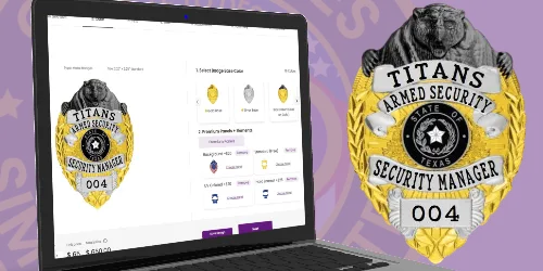 A laptop screen displaying a customization interface for selecting armed security badge colors. The badge showcased features a distinctive design with a bear emblem and text reading "TITANS ARMED SECURITY" at the top, and "SECURITY MANAGER" at the bottom. The badge is primarily gold and silver, with a unique number "004" prominently displayed. The background is purple, providing a vibrant contrast that highlights the importance of personalizing armed security badges for identification and authority