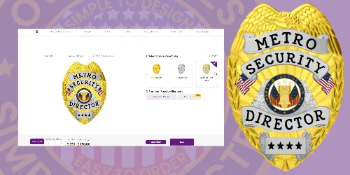 An image showcasing a Metro Security Director badge next to a digital interface focused on adding personalization options. The badge, prominently in gold, features the title 'Metro Security Director' and various emblems symbolizing authority. The interface on the left displays fields for customization, including options for text, colors, and symbols, illustrating how users can personalize their badges. This image highlights the process of adding personalization to security badges, enhancing their uniqueness and significance.