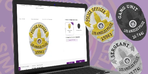 A laptop screen displaying a design interface for creating custom police badges, showcasing various finish options. Visible on the screen is a gold badge labeled "POLICE OFFICER" with the number 25563. Next to the laptop, two additional badges are shown: one silver badge marked "SERGEANT" with the number 25-7741, and another black badge labeled "GANG UNIT" with the number 267-744. This image illustrates the “Types of police badge finish options” available for customization.