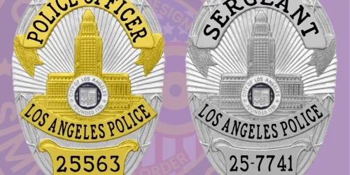 A detailed view of two custom police badges displayed side by side. The left badge, gold in color, features "POLICE OFFICER," the badge number 25563, and the iconic Los Angeles skyline. The right badge, silver, is labeled "SERGEANT" with the badge number 25-7741. This image showcases the different materials used to make custom police badges, highlighting their design and craftsmanship under the theme “Custom Police Badges Materials to Make Badge.”