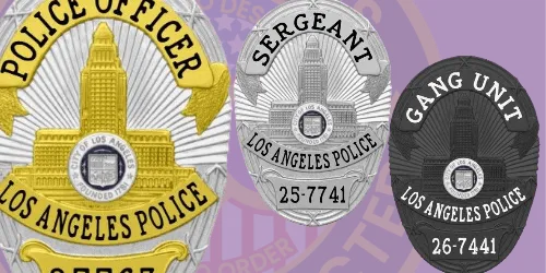 A close-up view of a custom police badge featuring intricate designs. The badge displays the title "POLICE OFFICER," along with a unique badge number and the name "LOS ANGELES POLICE." Its detailed craftsmanship highlights the significance and personalization options available. This image answers the question, “What is a custom police badge?” by showcasing its design elements and purpose in law enforcement.