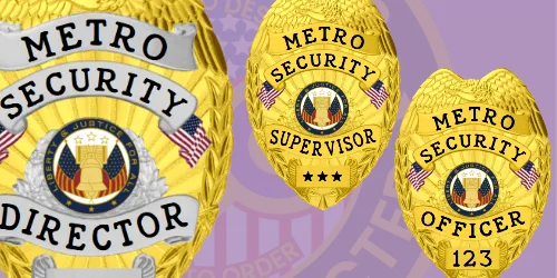Three distinct Metro Security badges displayed against a purple background. The badges vary in titles: 'Metro Security Director' at the left with intricate designs and an emblem, 'Metro Security Supervisor' in the center adorned with stars, and 'Metro Security Officer 123' on the right. Each badge symbolizes authority and professionalism, showcasing what a security officer badge represents in maintaining safety and security.