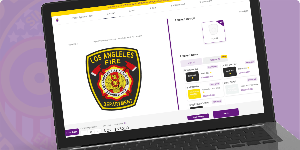 A laptop screen displaying an online customization tool for creating custom fire department patches. The featured patch showcases a vibrant design with the text 'LOS ANGELES FIRE' at the top, surrounded by a circular emblem featuring a firefighter's badge in the center. The patch has red and gold accents that enhance its visibility. On the right side of the interface, users can choose from various options for patch sizes, colors, and customization features. This image highlights where to buy custom fire department patches and design, create, build, and order fire department patches through a user-friendly online platform.