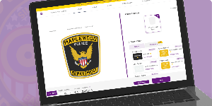A laptop screen displaying an online customization tool for creating custom police patches. The featured patch has a bold black background with a yellow border, prominently displaying the text 'MAPLEWOOD POLICE DEPARTMENT' at the bottom. Above the text, an eagle emblem is featured, symbolizing strength and vigilance. On the right side of the interface, users can select various customization options, including patch sizes, colors, and additional design features. This image highlights where to buy custom police patches and design, create, build, and order police patches through an easy-to-navigate online platform.