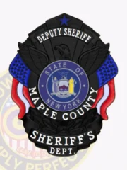 This striking black custom metal badge for deputy sheriffs showcases "DEPUTY SHERIFF" prominently at the top, complemented by an eagle design. The central circular emblem features the state seal of New York, with "MAPLE COUNTY" inscribed around it. The badge is adorned with red and blue elements and includes a safety pin attachment for easy wear.