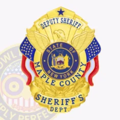 A polished gold custom metal badge for deputy sheriffs, displaying "deputy sheriff" in clear lettering at the top. The center features a circular emblem with the new york state seal and "maple county" elegantly displayed below. Enhanced by vibrant red and blue accents, this badge comes with a safety pin attachment for convenient wear.