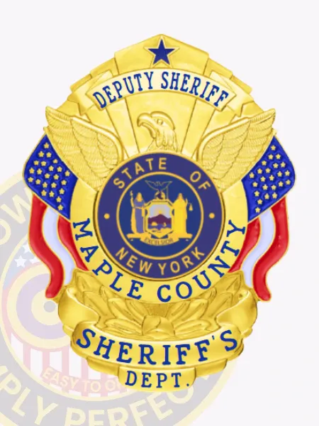 This eye-catching gold custom metal badge for deputy sheriffs features "DEPUTY SHERIFF" prominently at the top, complemented by a detailed eagle design. The central circle showcases the New York state seal, encircled by "MAPLE COUNTY." With bright red and blue elements, this badge includes a safety pin attachment for secure placement.