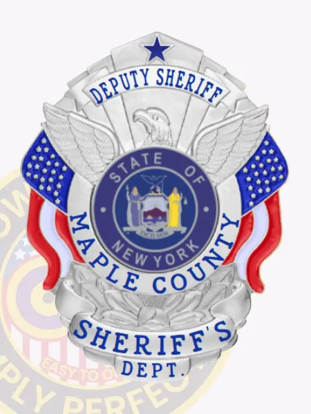 An eye-catching silver custom metal badge for deputy sheriffs, highlighting "DEPUTY SHERIFF" at the top in clear text. The center of the badge contains a circular emblem featuring the New York state seal, flanked by "MAPLE COUNTY." With vibrant red and blue accents, the badge is equipped with a reliable safety pin attachment for easy fastening.