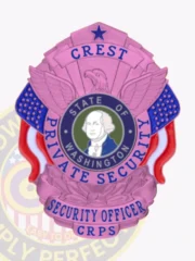 A vibrant custom metal badge for private security in BCAM pink, adorned with an eagle and stars at the top, and "CREST" arching above. The central design features a circular portrait of George Washington, encircled by "STATE OF PRIVATE SECURITY." Below, "SECURITY OFFICER" and "CRPS" are prominently featured, all secured with a safety pin attachment for easy wear.