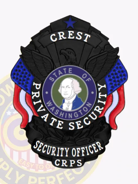 Distinctive custom metal badge for private security in black, showcasing a majestic eagle at the top and the word "CREST" prominently displayed. In the center, George Washington's image is framed by the text "STATE OF PRIVATE SECURITY." The lower section displays "SECURITY OFFICER" along with "CRPS," complemented by a safety pin attachment for reliable wear.