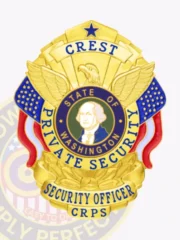 Sleek custom metal badge for private security in gold, featuring an eagle and star design at the top with "CREST" inscribed above. The center displays a circular portrait of George Washington, surrounded by the text "STATE OF WASHINGTON." At the bottom, "PRIVATE SECURITY," "SECURITY OFFICER," and "CRPS" are elegantly presented, secured with a practical safety pin attachment for convenience.