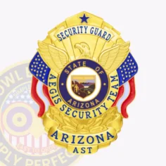 Featuring a bright gold finish, this custom metal badge for security guard is adorned with an eagle at the top and decorative ribbons in red and blue. The words "security guard" are prominently displayed above the central badge, which highlights "aegis security team" and the state insignia, reflecting pride and authority.