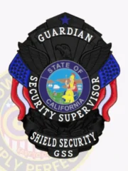 This sleek black custom metal badge for security supervisors shines with "GUARDIAN" prominently displayed at the top. The phrase "SECURITY SUPERVISOR" curves around a central circular emblem depicting California's state symbol. Adorned with stylized eagle wings and vibrant red and blue ribbons, this badge includes a practical safety pin attachment for dependable wear.