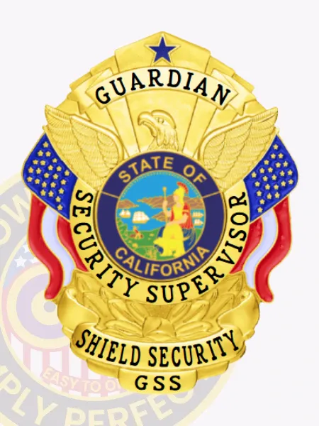 This custom metal badge for a security supervisor shines in gold, highlighting the title "GUARDIAN" at the top. Below this, "SECURITY SUPERVISOR" is emblazoned across a central circular design that represents California's emblem. The badge is embellished with eagle wings and features vibrant red and blue ribbons, complemented by a sturdy safety pin attachment for reliable display.