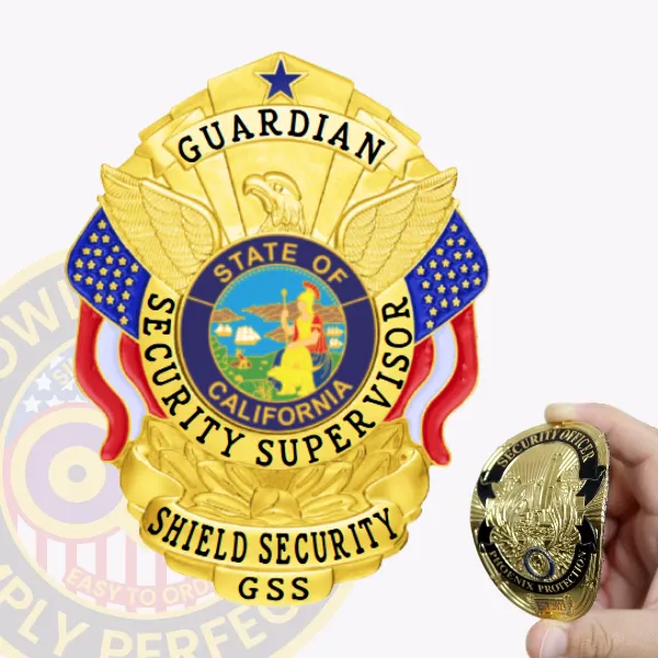 A polished gold custom flex badge for a security supervisor, showcasing "GUARDIAN" in prominent letters at the top. Below, "SECURITY SUPERVISOR" encircles a circular emblem that highlights California's state symbol. The badge features stylish eagle wings and vivid red and blue ribbons, secured with an effective Velcro attachment for reliable display and comfort.