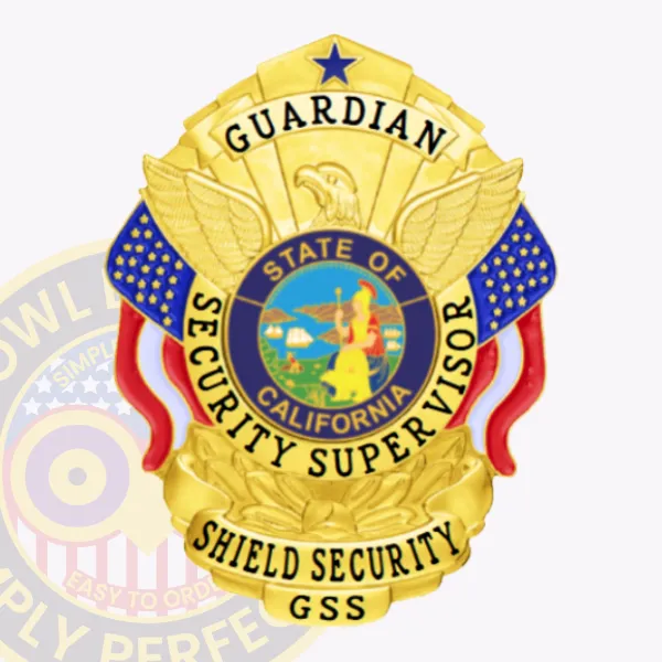A custom metal badge for a security supervisor, featuring a gleaming gold finish. The top displays the word "GUARDIAN" in bold letters. Below, the badge prominently features "SECURITY SUPERVISOR" with the "STATE OF CALIFORNIA" banner above a circular emblem depicting a state symbol, flanked by majestic eagle wings. The badge is adorned with red and blue ribbons, showcasing its distinct safety pin attachment, ideal for secure wear.