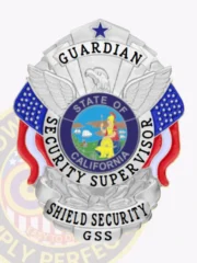 A striking silver custom metal badge designed for security supervisors, featuring "GUARDIAN" at the top in bold text. Below, "SECURITY SUPERVISOR" is displayed around a vibrant circular emblem of California. The badge is elegantly adorned with eagle wings and dynamic red and blue ribbons, equipped with a strong safety pin attachment for easy wearing.