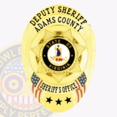 Heritage Deputy Sheriff Badge With 7 Point Star Center, 2 Flags, 4 Text Panels, Classic Edge 1 A polished gold custom metal badge designed for deputy sheriffs, highlighted by a star shape that features "deputy sheriff adams county" at the top. The center contains a circular emblem with the text “state of virginia,” accompanied by “sheriff’s office” below. Decorative elements include three stars at the base, and it includes a safety pin attachment for easy fastening.