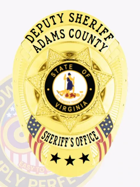 This custom metal badge for deputy sheriffs gleams in gold, featuring a distinctive star shape that reads "DEPUTY SHERIFF ADAMS COUNTY." The central area showcases a circular emblem proclaiming “STATE OF VIRGINIA,” with “SHERIFF’S OFFICE” below it. Three decorative stars appear at the bottom, and the badge is equipped with a safety pin attachment for secure wear.