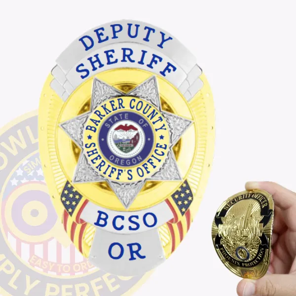 This custom flex badge for deputy sheriffs shines in gold with elegant silver panels on the sides. The top reads "DEPUTY SHERIFF" in vibrant blue, while the center features a star design containing “BARKER COUNTY SHERIFF’S OFFICE.” The initials "BCSO" and "OR" are displayed below, and the badge is equipped with a velcro attachment for convenience.